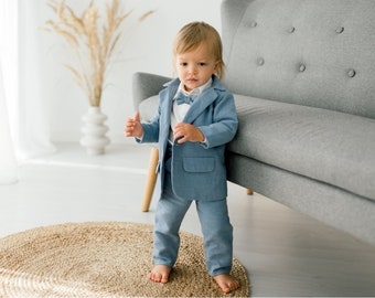 Boys' Blue Linen Ring Bearer Outfit, wedding attire with bow tie, formal wear for boys, page boy toddler outfit, little gentleman linen suit