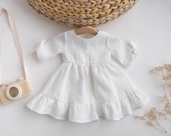 Baby Baptism Gown | White Linen Dress | Toddler Long Sleeve Ruffle Dress | 1st Birthday Dress | First Communion Dress | Baby Blessing Dress