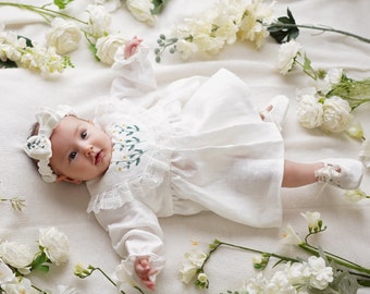 Robe en lin brodé rose, robe bébé fille broderie florale, robe d'anniversaire de fille de fleur, robe manches bouffantes à volants, tenue 1er anniversaire