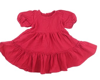 Girls Red Muslin short Sleeve summer Dress, 1st birthday dress,  Classic Girl Dress, Toddler Ruffles Girls Clothing, Flower girl dress