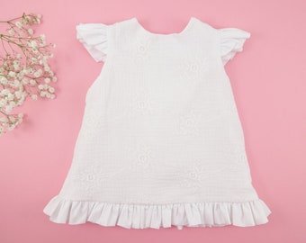 Handmade Baby White Baptism Dress in Cotton Muslin with Embroidery, Ruffle, Christening Gown| 1st communion dress for toddler|