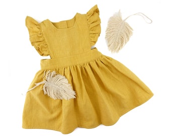 Girls Linen Dress, Baby linen dress, Baby vintage Dress, Toddler linen dress, Mustard linen Girls Dress, Girls Pinafore Linen Dress