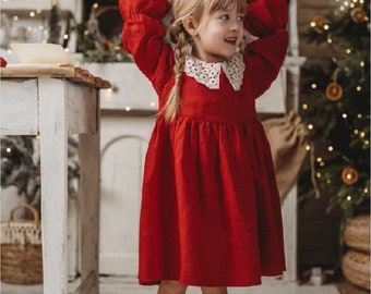 Red Linen Dress for Toddler Girls, Summer Girls Linen Dress for Kids, Rustic Simple Girls Gown Dress, Christmas Baptism Dress for Girls