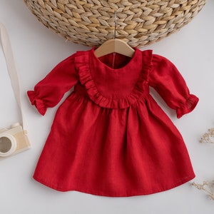 Rode doopjurk, linnen jurk babymeisje, rode kerstjurk, jurk met pofmouwen en franje, doopoutfit