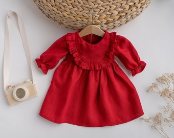 Red Baptism Dress, Baby Girl Linen Dress, Christmas Red Dress, Puff Sleeves Frills Dress, Christening outfit