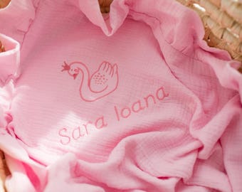100% Cotton Baby Blanket, Pink Personalized Muslin Blanket with Embroidered Name, Soft and Breathable Newborn Baby Blanket, Swan embroidery