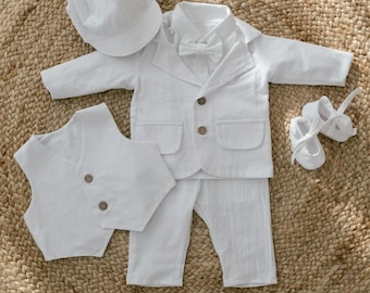 Tenue blanche pour garçon, tenue de mariage avec noeud papillon, tenues de cérémonie pour garçons, tenue page garçon pour tout-petit, costume en coton pour petit gentleman