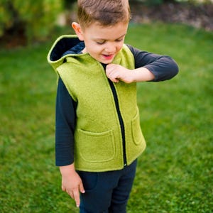 Chaleco de lana hervida con diseño de dinosaurio, varios colores, estilo jardín de infancia en el bosque, con cremallera y forro interior. Ropa de lana unisex para actividades al aire libre para niños. imagen 5