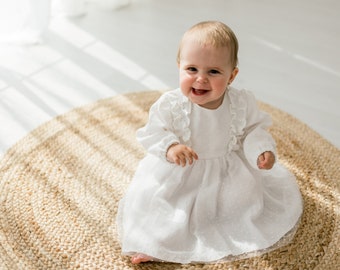 Handmade White Linen Baptism Dress with Delicate Tulle Detailing for Baby