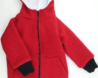 Kids Wool Jacket, Boiled Wool Coat for Toddlers, Unisex Kids Boiled Wool clothing, Red Lined Jacket