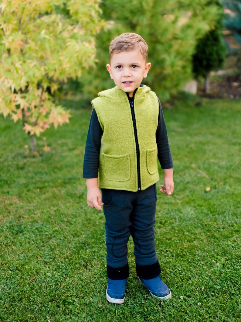 Chaleco de lana hervida con diseño de dinosaurio, varios colores, estilo jardín de infancia en el bosque, con cremallera y forro interior. Ropa de lana unisex para actividades al aire libre para niños. imagen 7