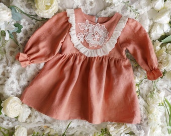 Robe en lin pêche, robe en lin bébé fille, robe d'anniversaire de fille de fleur, robe manches bouffantes à volants, tenue 1er anniversaire