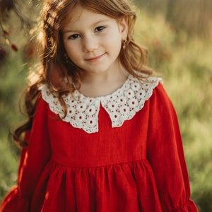 Red Linen girl dress, Baptism dress, Retro Outfit, Toddler Linen Dress, Natural and festive Baby Dress, Collared Christening dress