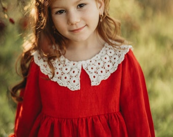 Red Linen girl dress, Baptism dress, Retro Outfit, Toddler Linen Dress, Natural and festive Baby Dress, Collared Christening dress
