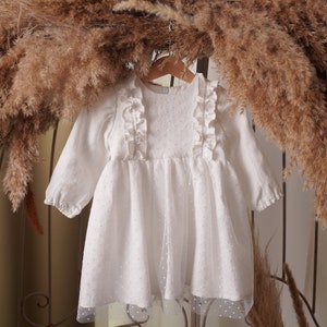 Handmade White Linen Baptism Dress with Delicate Tulle Detailing for Baby image 9