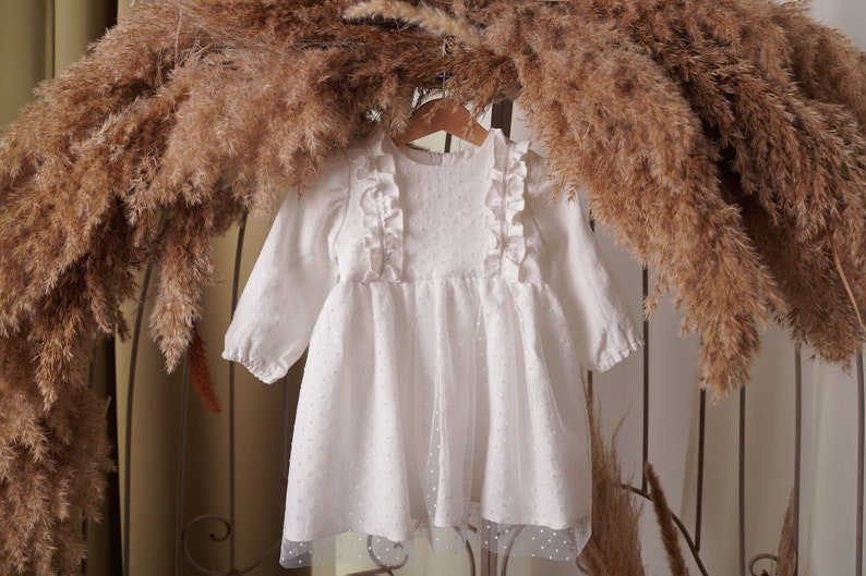 Handmade White Linen Baptism Dress with Delicate Tulle Detailing for Baby image 9
