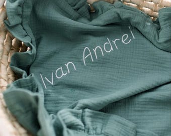 100% Cotton Ruffle Baby Blanket,  White Personalized Muslin Blanket with Embroidered Name, Handmade, Soft Breathable Newborn Baby Blanket