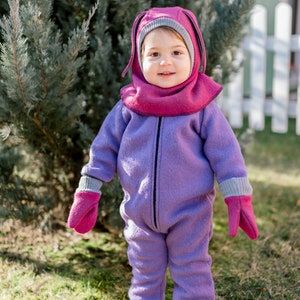 Purple Kids Overalls Warm Wool Toddler Romper Onepiece Unisex Zip Up Coverall, Baby Snowsuit Fully Lined, Pram Suit Bunting