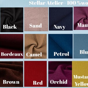 The image is a collage of various fabric swatches, each representing a different color, including black, sand, navy, mauve, pink, nude, bordeaux, camel, petrol, blue, olive green, yellow, brown, red, orchid, mustard, and light grey. The collage is titled "Stellar Atelier 100% wool colors" and features a young child sitting on a wooden bench, surrounded by the different fabric swatches.