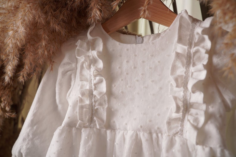 Handmade White Linen Baptism Dress with Delicate Tulle Detailing for Baby image 10