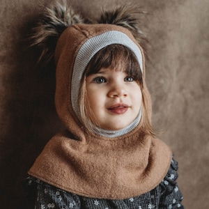Winter Balaclava Hat, Boiled wool hat, Pom Pom Winter hat, Outdoor Toddler Baby Hat, Wool Hat for kids, Camel Brown