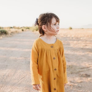Girls Muslin Dress, Dress, Toddler Summer dress, Mustard Girls Dress, Girls Long Sleeve Dress, Girls Spring Dress, Double Gauze Dress