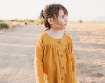 Girls Muslin Dress, Dress, Toddler Summer dress, Mustard Girls Dress, Girls Long Sleeve Dress, Girls Spring Dress, Double Gauze Dress