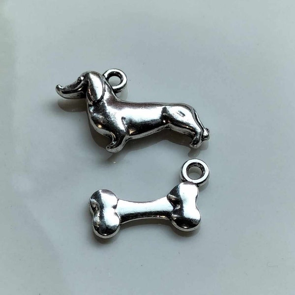 Silver Tone Dog and Bone Charms For Charm Bracelets, Jewellery Making, Zipper Charms, Zipper charms etc