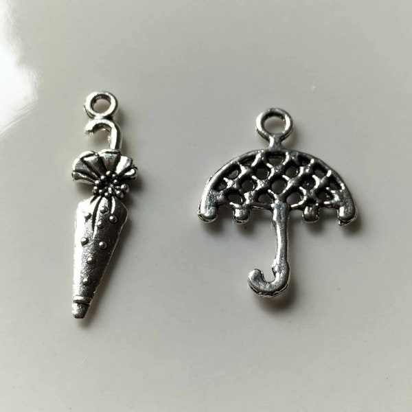 2 Silver Tone Umbrella / Parasol Charms For Charm Bracelets, Jewellery Making, Zipper Charms, Zipper charms etc