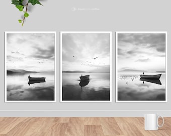 Boot auf dem See Poster Set: Minimalistische schwarz weisse Landschaft (Digitaler Download)