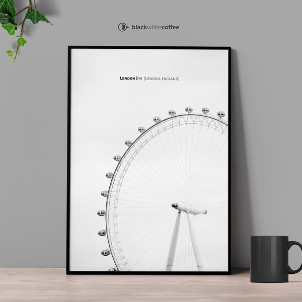 London Eye Poster. Ferris wheel. Minimalist Black and White printable art