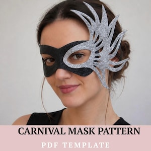May include: A masquerade mask featuring a black glitter base on the left side and an asymmetrical silver glitter wing-like extension on the right side. The image includes the text CARNIVAL MASK PATTERN PDF TEMPLATE at the bottom.