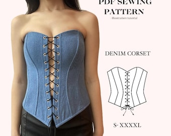 Modello bustier senza spalline in formato PDF con tutorial, modello di cucito per corsetto taglie dalla S alla XXXXL