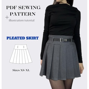 May include: A gray pleated skirt with a black belt and buckle is shown. The image also includes a PDF sewing pattern with the text "PLEATED SKIRT" and "Sizes XS-XL". The pattern includes an illustration tutorial.