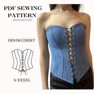 Könnte beinhalten: Ein Nähmuster für ein Denim-Korsett mit Schnürung vorne. Das Muster ist in den Größen S-XXXXL erhältlich. Das Bild zeigt eine Strichzeichnung des Korsetts und ein Foto eines Models, das das Korsett trägt.