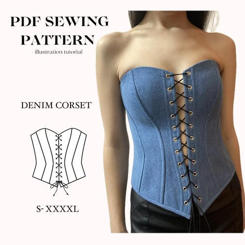Denim corset sewing pattern S-XXXXL sizes, pdf strapless bustier pattern with tutorial