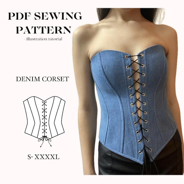 Patron de couture de corset en jean tailles S-XXXXL, patron de bustier sans bretelles pdf avec tutoriel