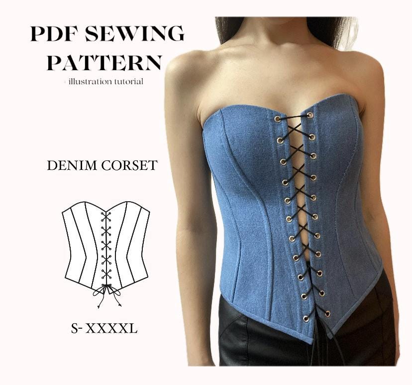 Patron de couture de corset en jean tailles S-XXXXL, patron de bustier sans bretelles pdf avec tutoriel
