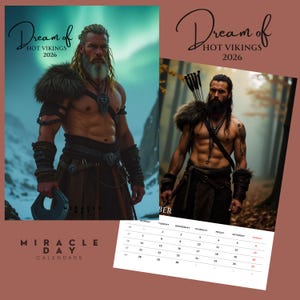 Peut inclure: Calendrier "Dream of Hot Vikings 2026" avec des images de deux hommes en tenue de Viking. Le calendrier comprend une vue mensuelle avec les dates et le logo "Miracle Day Calendars".