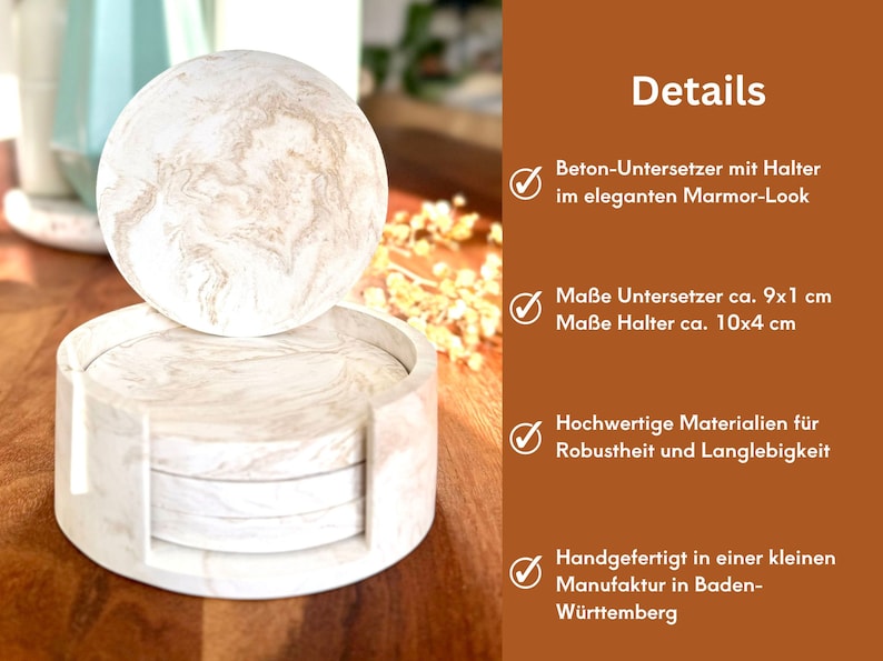 Marmor Untersetzer 4er Set aus Beton Weiß Beige Beton Untersetzer für Tassen und Gläser mit Halter Tischdekoration im Marmor-Look Bild 5