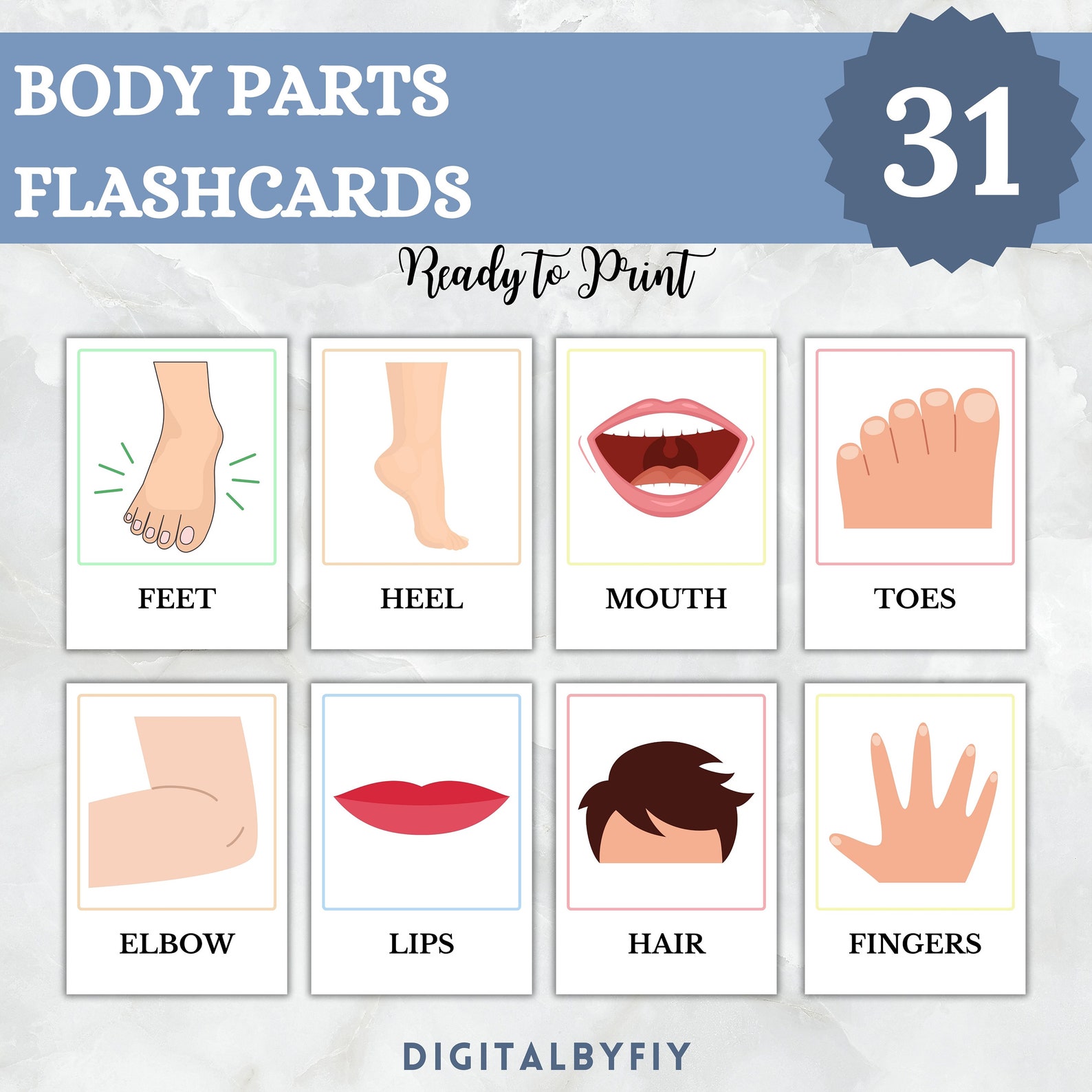 31 Body Parts Flashcards, Body Cards, Printable, Flash Cards for Kids ...