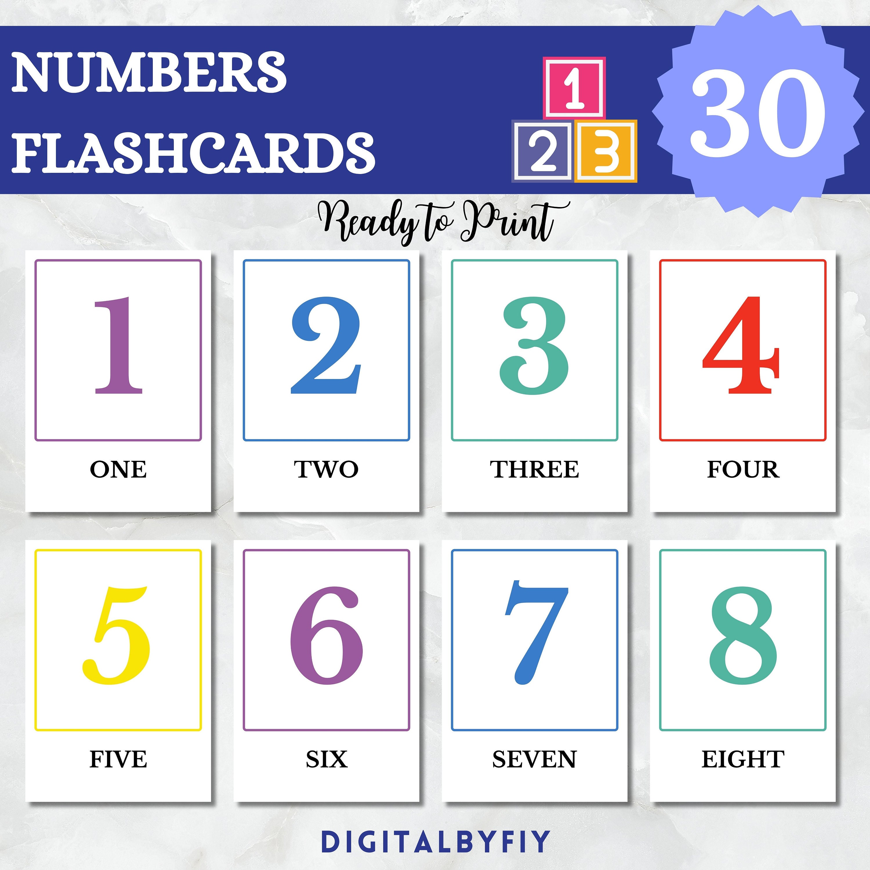 30 Numbers Flashcards, Printable, Flash Cards for Kids, Pre-school ...