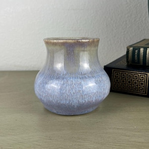 Signed Studio Pottery Bud Vase, Hand Thrown Ceramic Blue Lavendar Drip Glaze Small Pot, Wabi Sabi Tabletop Floral Decor Artisanal, Gift