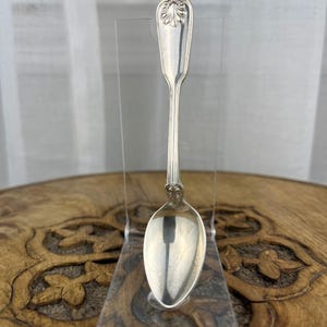 May include: A silver-toned metal spoon featuring a smooth, elongated handle that terminates in a rounded end with a raised, fan-shaped shell motif. The neck of the spoon displays a small, decorative floral-inspired embossed detail above the bowl.