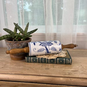 Antique Blue Onion Porcelain Rolling Pin, German Meissen Style Blue and White Ceramic Roller with Turned Wooden Handles, Farmhouse Kitchen