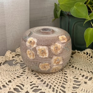Vintage Signed MCM Studio Pottery Ball Sculpture, Unique Floral Wax-Resist Vase Form, Gray Glaze and Orange Clay, Mid Century Modern Art Pot