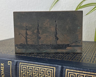Antique Copper Plate Letterpress Printing Block, Tall Ship Maritime Nautical
