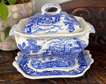 Vintage Blue and White Tureen with Lid & Base, Japanese Transferware Gravy Boat, Castle Scene Ceramic Serving Dish, MCM Chinoiserie Kitchen