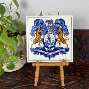 Vintage Delft Hand-Painted Blue and White Tile, Coat of Arms, Apothecary, Unicorn, Dragon, Rhino, Crest, Home Accent, Décor