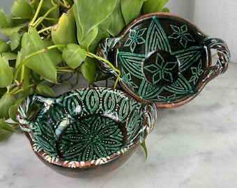 Vintage Moroccan Green Glaze Pottery Bowl, Handmade Sgraffito Etched Dish with Twisted Handles, Safi Tamegroute Style Rustic Boho, CHOICE